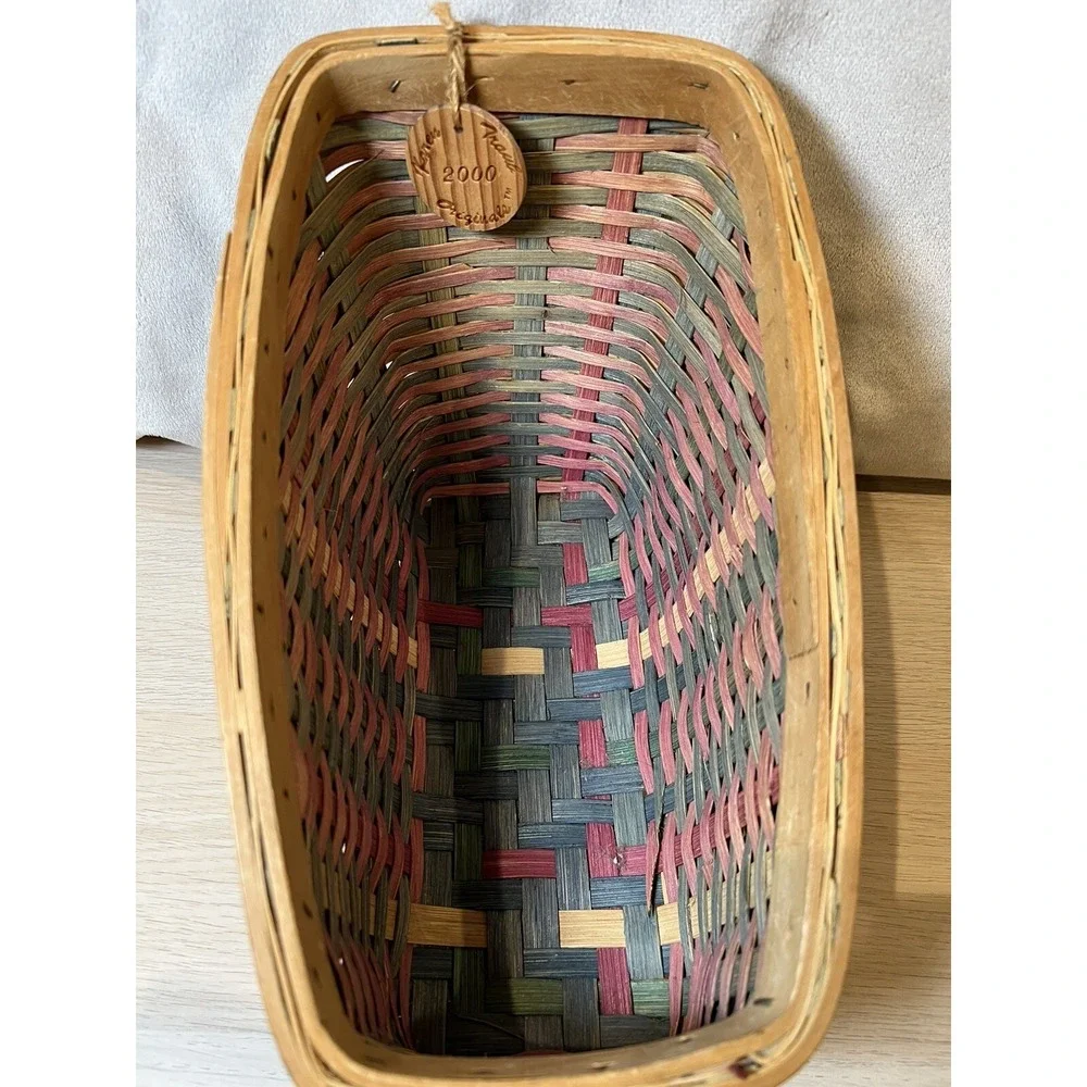 Karen Traub Originals Woven Basket 10x8x7 Tan Reds Greens Vintage 2000 LOVELY
